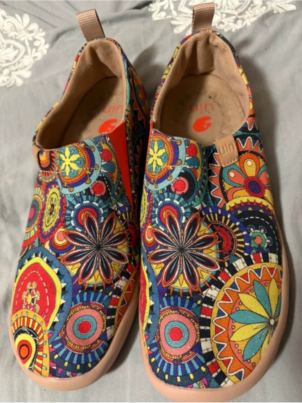UIN Multicolor Floral Mandala Slip-On Clogs in Blue, Yellow & Red